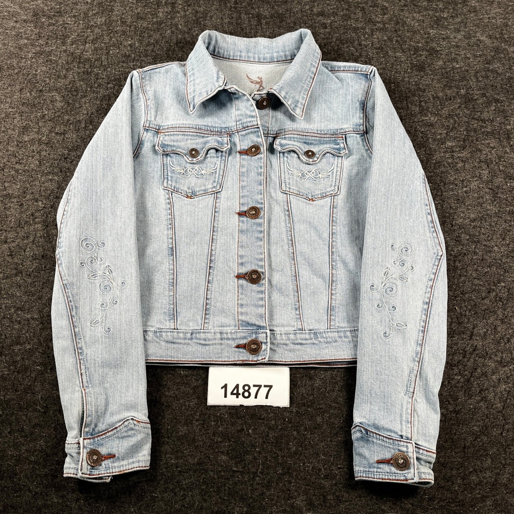 Womens Trucker Jacket Medium Blue Denim Cotton Stretch Flap Pocket Embroidered
